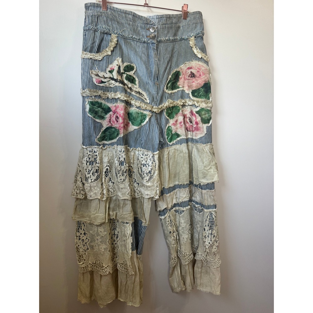 A Rare Bird Floral Applique Lace Ruffle Tiered Wide Leg Pants Blue Cream - Picture 3 of 3